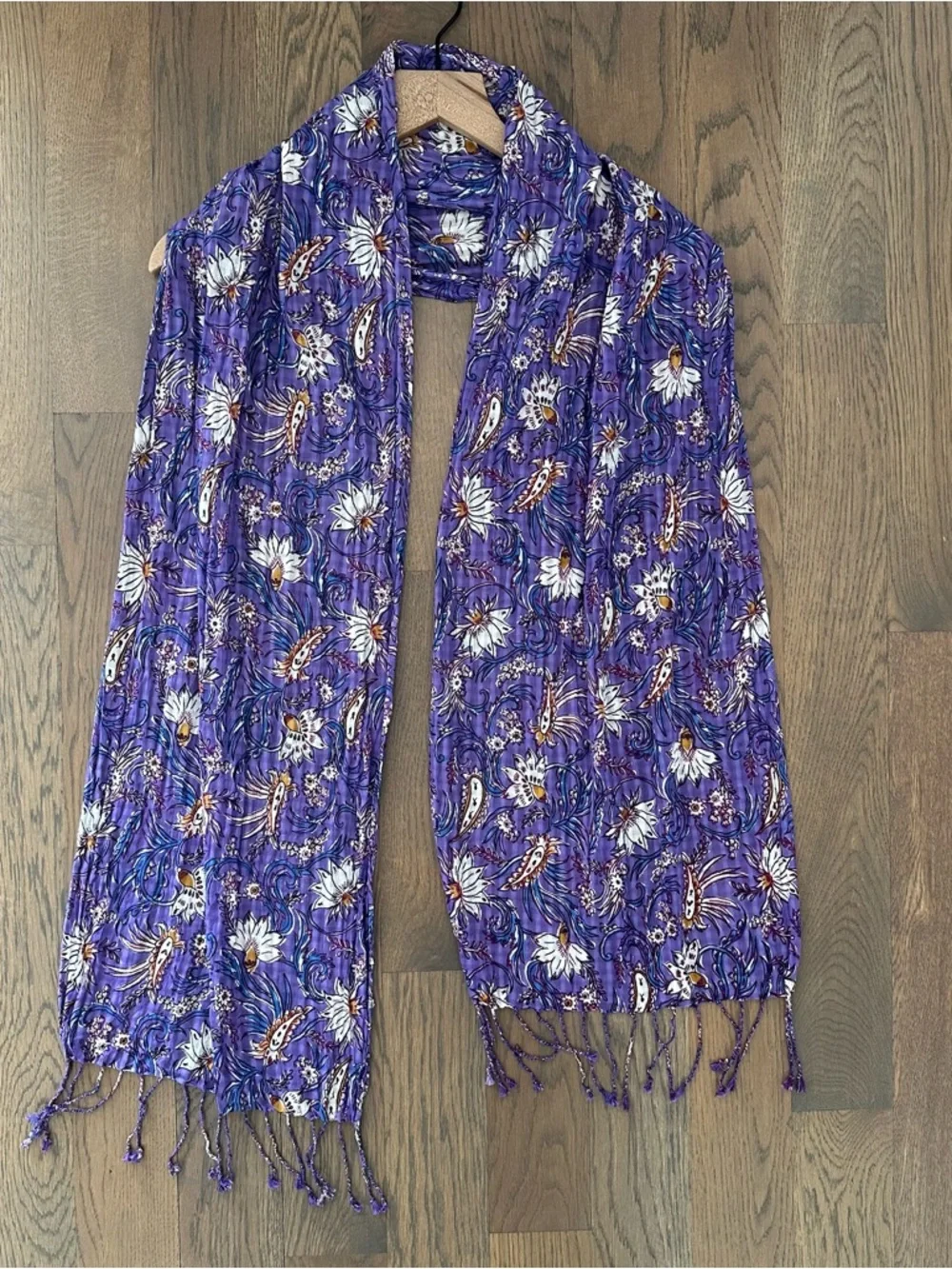 Anthropologie Floral Block Print Gauze Oblong Fringe Scarf Purple Multicolor 72